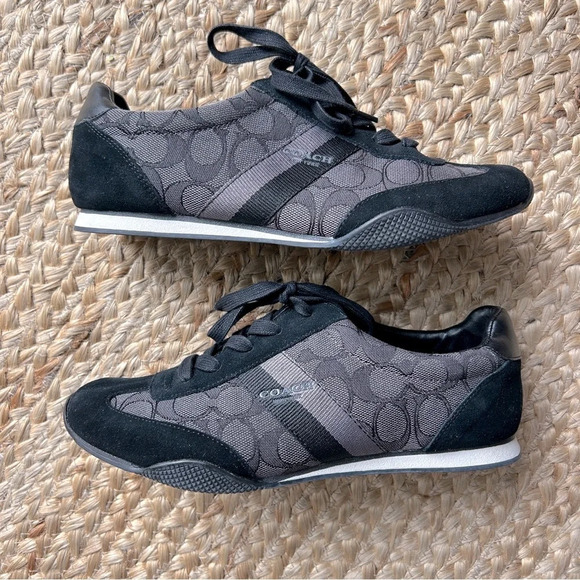 COACH Jacquard Black Suede Kelson Lace Up Sneakers Outline Signature / Size 8.5 - Picture 1 of 12